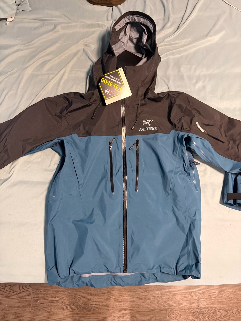 Arc'teryx Black and Blue Hooded Waterproof Shell Jacket